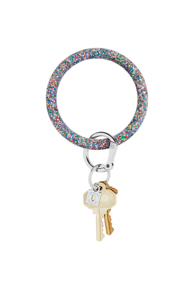O-Venture Silicone Key Ring in Rainbow Confetti, rainbow glitter key ring