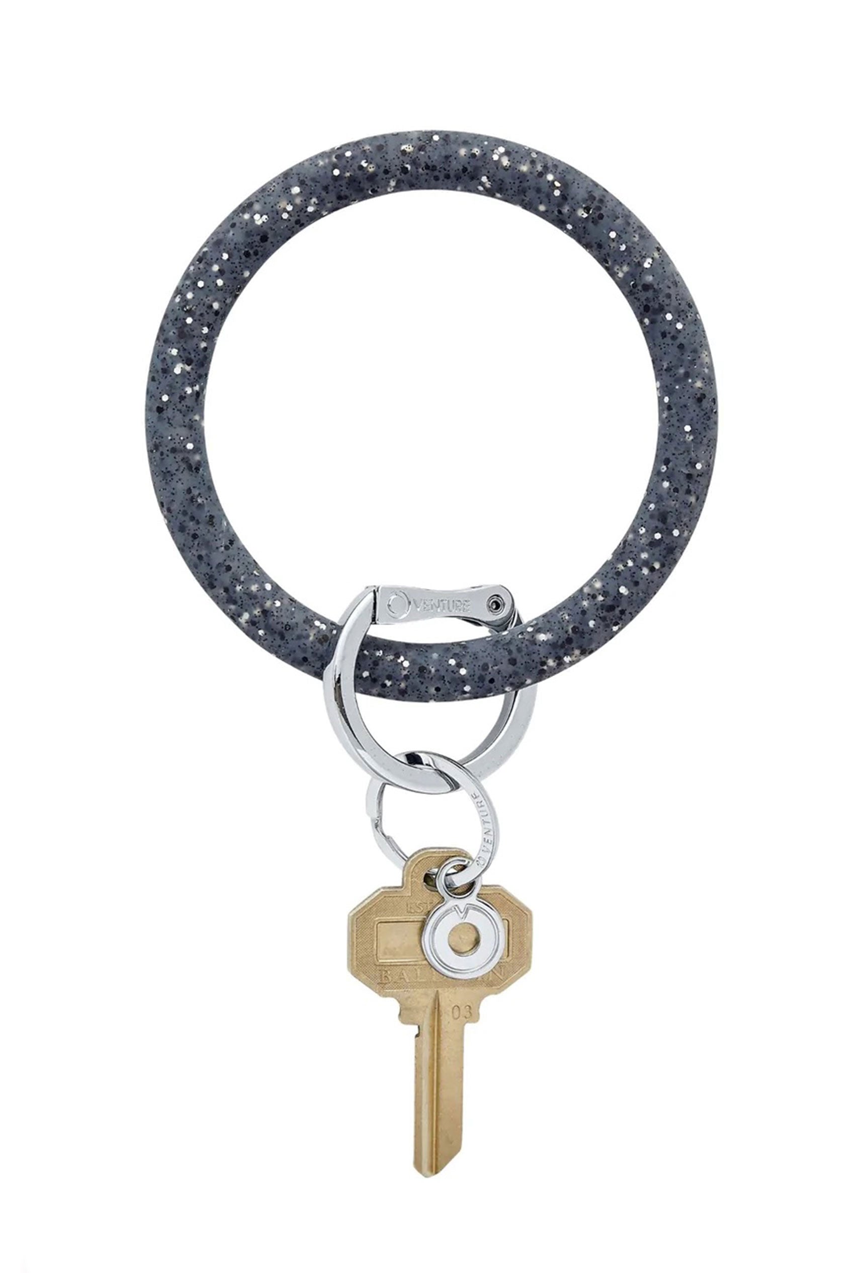 O-Venture Silicone Key Ring in Black Confetti, silicone key ring, black and silver confetti, silver metal detailing
