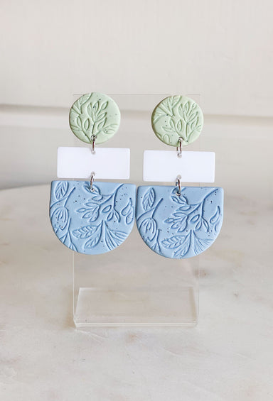 Beauty and Blooms Earrings, 3 tiered earring, clay, floral imprints in the clay