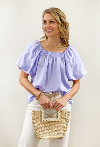 Been On My Mind Blouse in Lavender, purple square neck top with puff sleeves