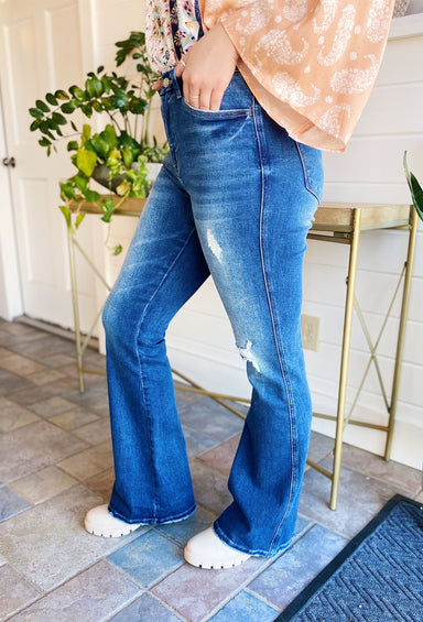 Bella High-Rise Flare Jeans by Vervet, High rise, flare jeans, distressing on knees