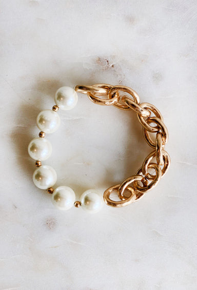 Better Be Glam Bracelet, pull on styling bracelet, half of bracelet ia pearls other half is gold chain links