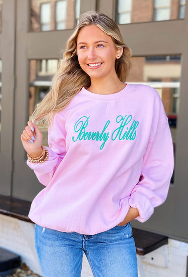 Beverly Hills Embroidered Pullover, pink sweatshirt with embroidered beverly hills 