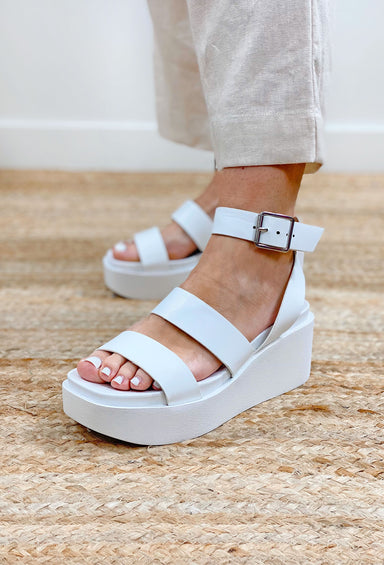 Blooming White Platform Sandals, white platform sandals with straps across toes and around ankle