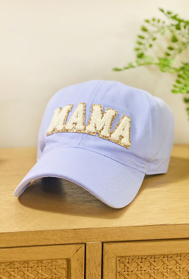 Blue Mama Baseball Cap, baseball cap with white and gold "mama" patches on front