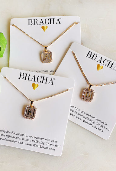 Bracha Royal Initial Card Necklace, gold filled pendent, initial card, pave diamonds around the pendant. gold chain
