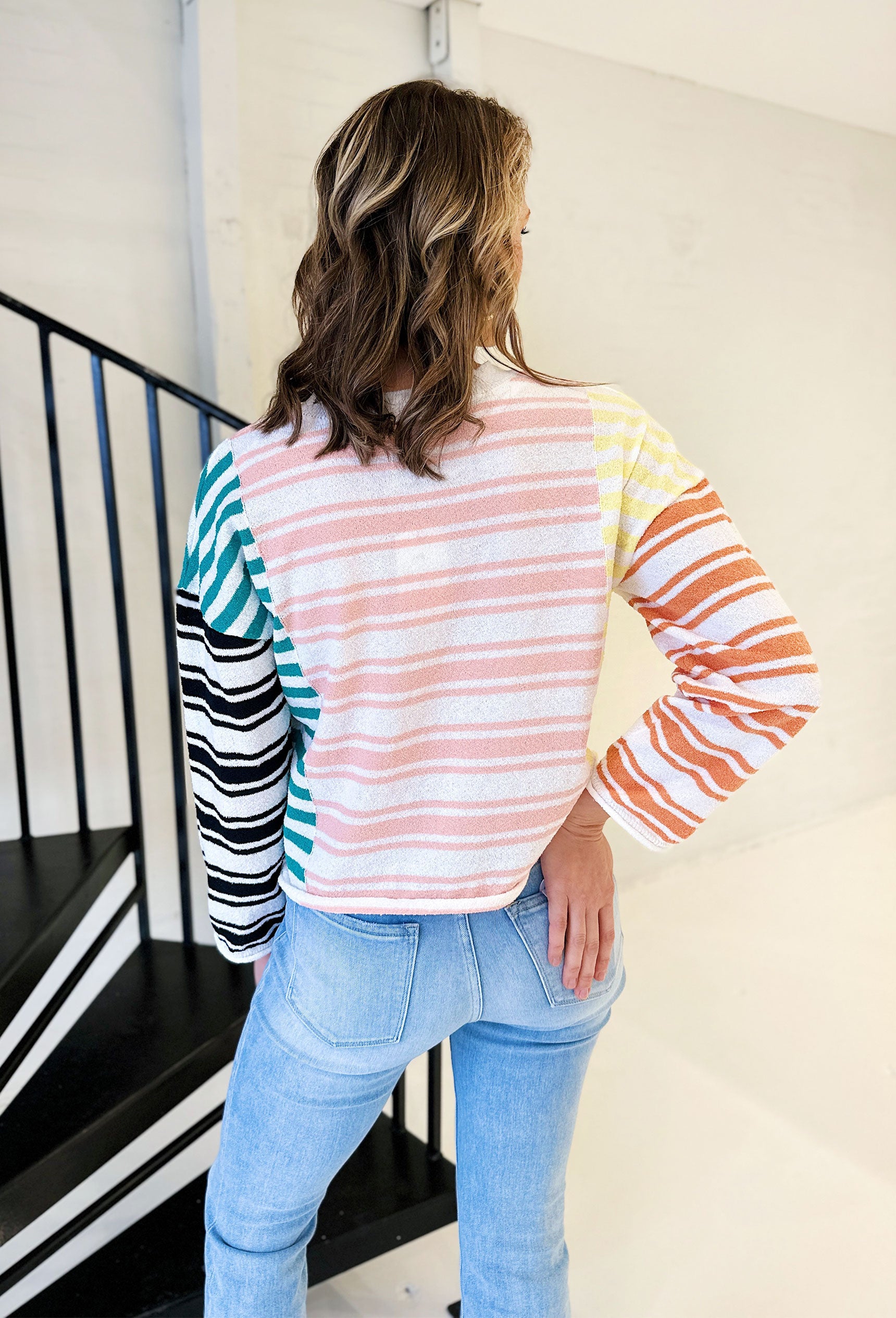 Breeze Along Striped Sweater, colorblock striped sweater, knit material 