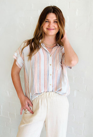 Breezy Shores Linen Top, pastel striped button up top with front pocket
