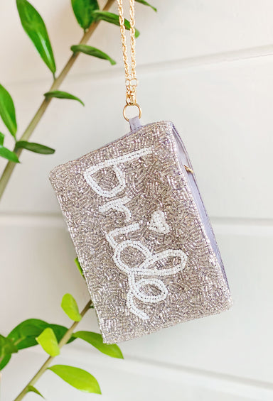 Bride Beaded Pouch in Silver, bride coin pouch, silver beads with bride written in white beads, gold chain