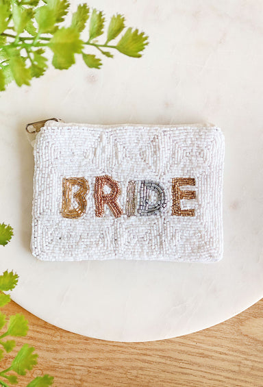 Bride Beaded Pouch, white beaded coin pouch with "BRIDE" in different colored beads