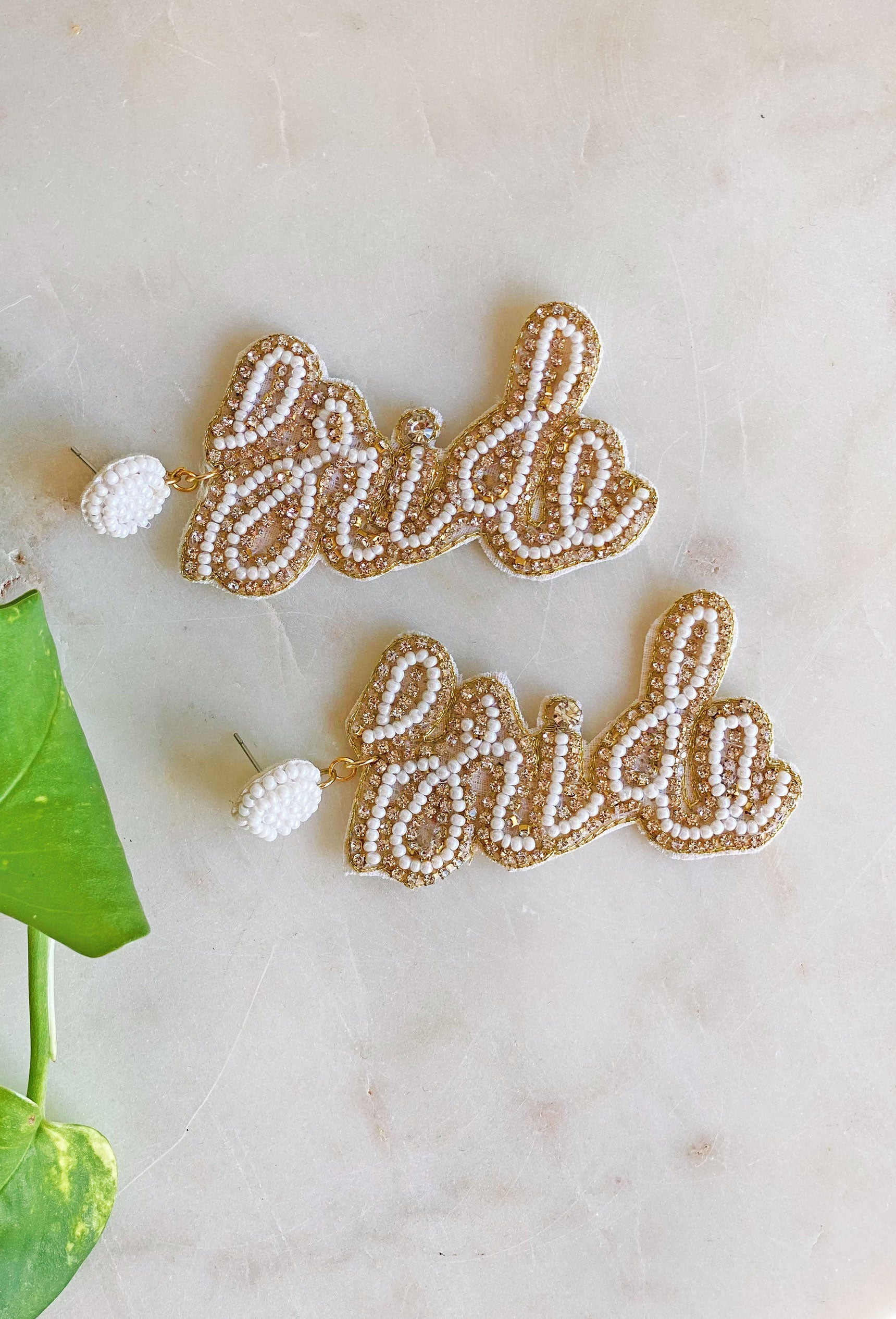 Bride Cursive Beaded Earrings, cursive writing and sparkly detailing