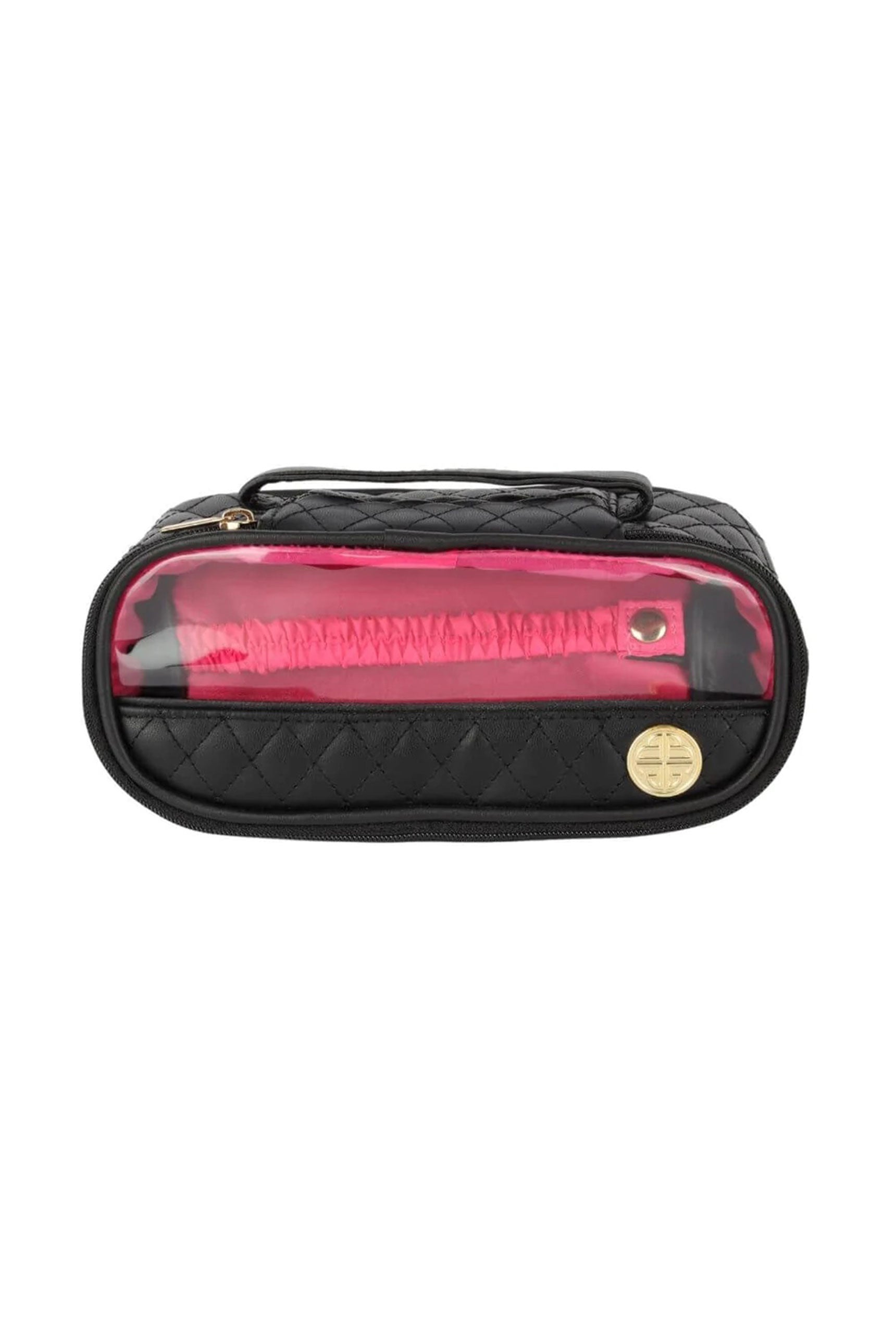 BUDHAGIRL Travel Case, black bracelet travel case, quilted with a handle, pink bracelet holder on the inside
