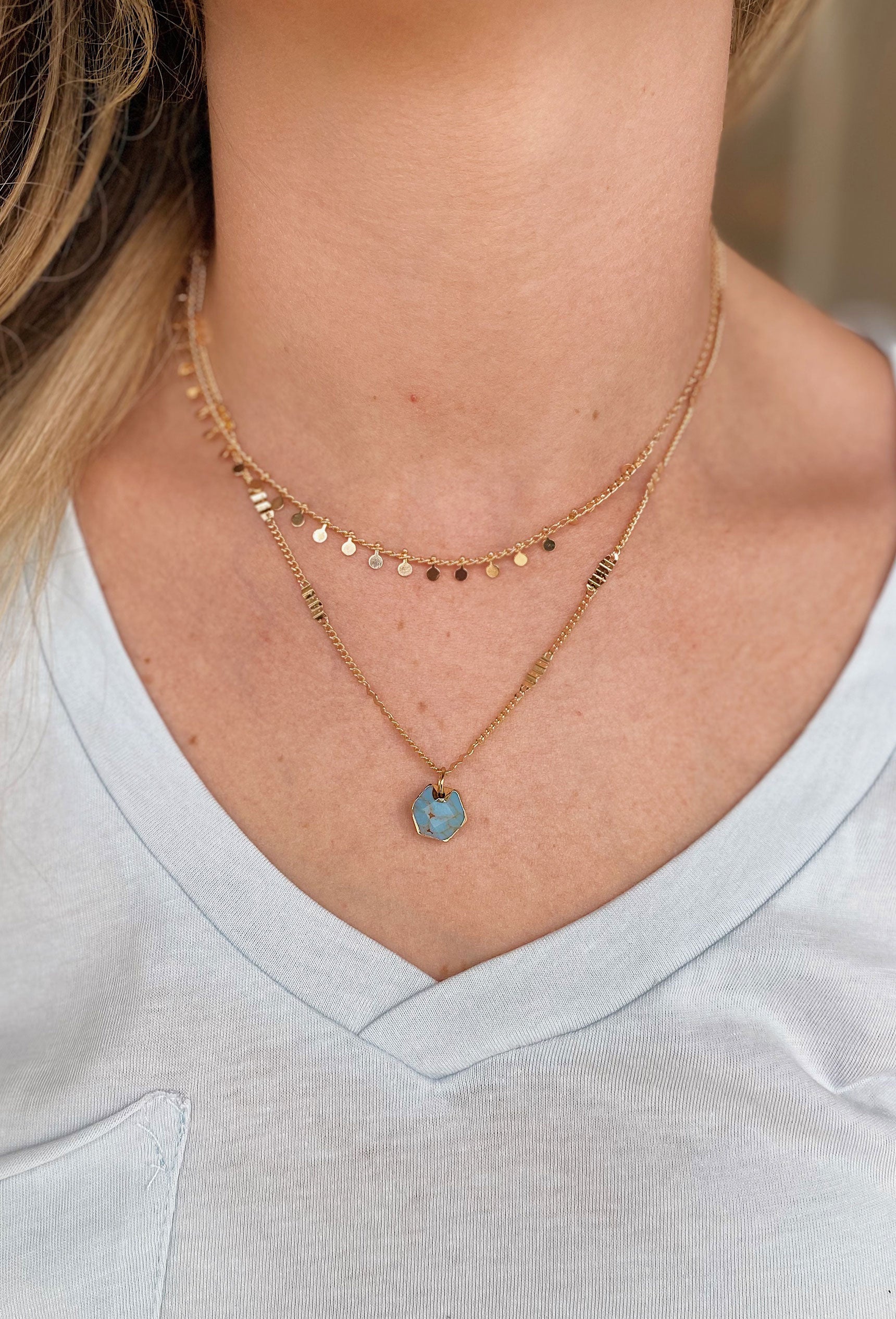 By Chance Layered Necklace, dainty gold chain featuring coin details, and a turquoise stone