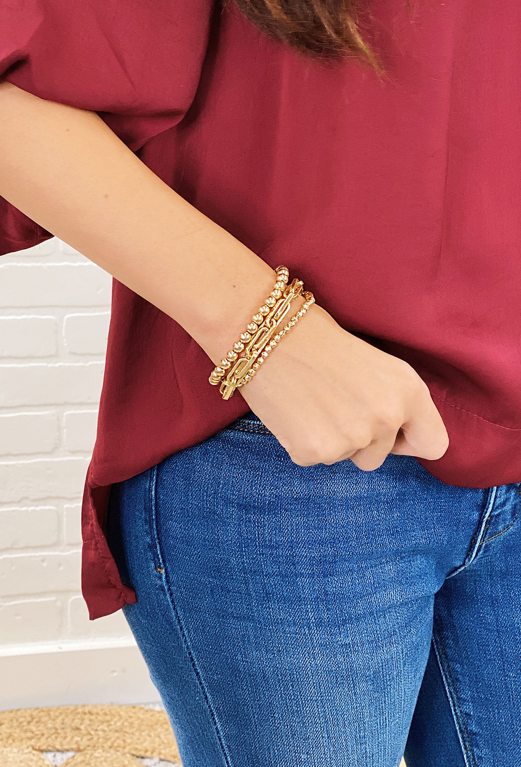 Chain Link & Ball Bracelet Set, set of 3 bracelets, matte gold