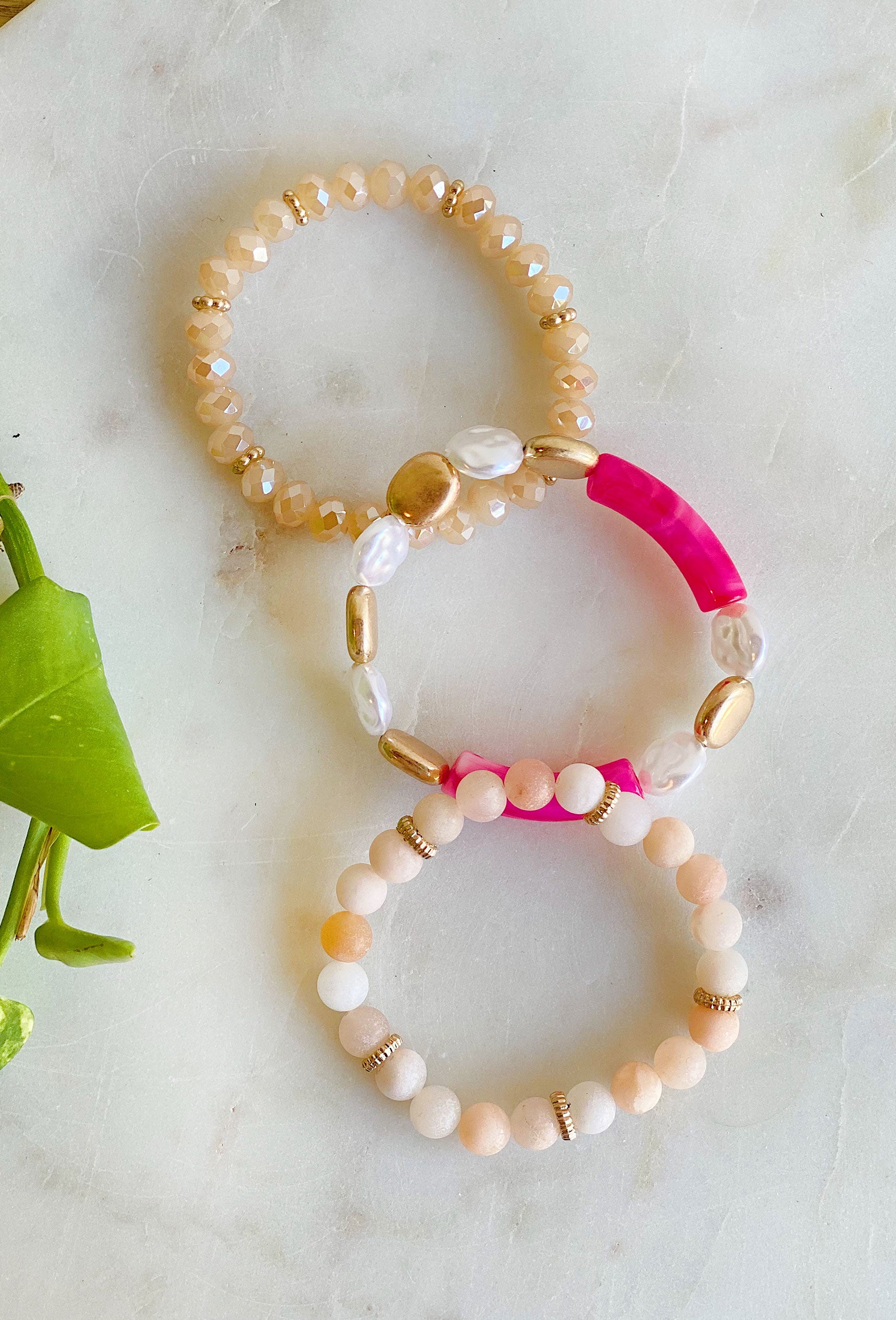 Chance For Love Bracelet Set, set of 3 bracelets, tan, pink and gold beads 