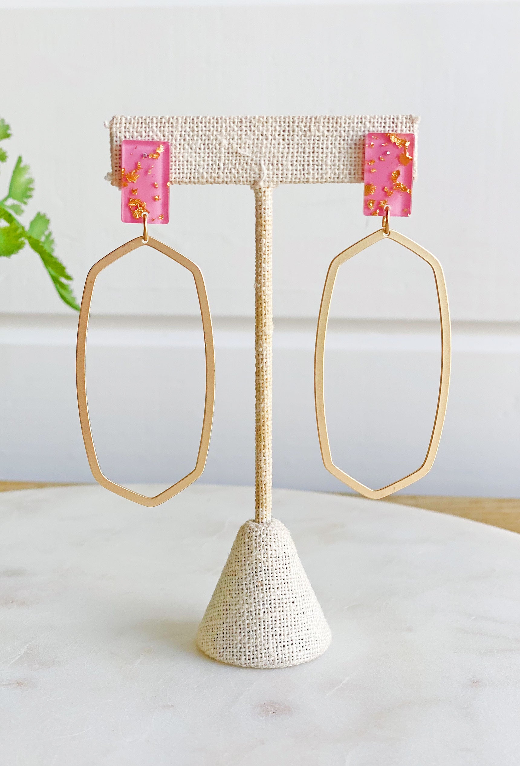 Changed My Mind Earrings in Pink, gold earrings with pink and gold resin rectangle detail