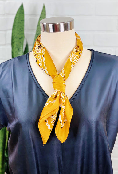 Charlee Bandana Neck Scarf in Gold, yellow colored bandana, with white and black design