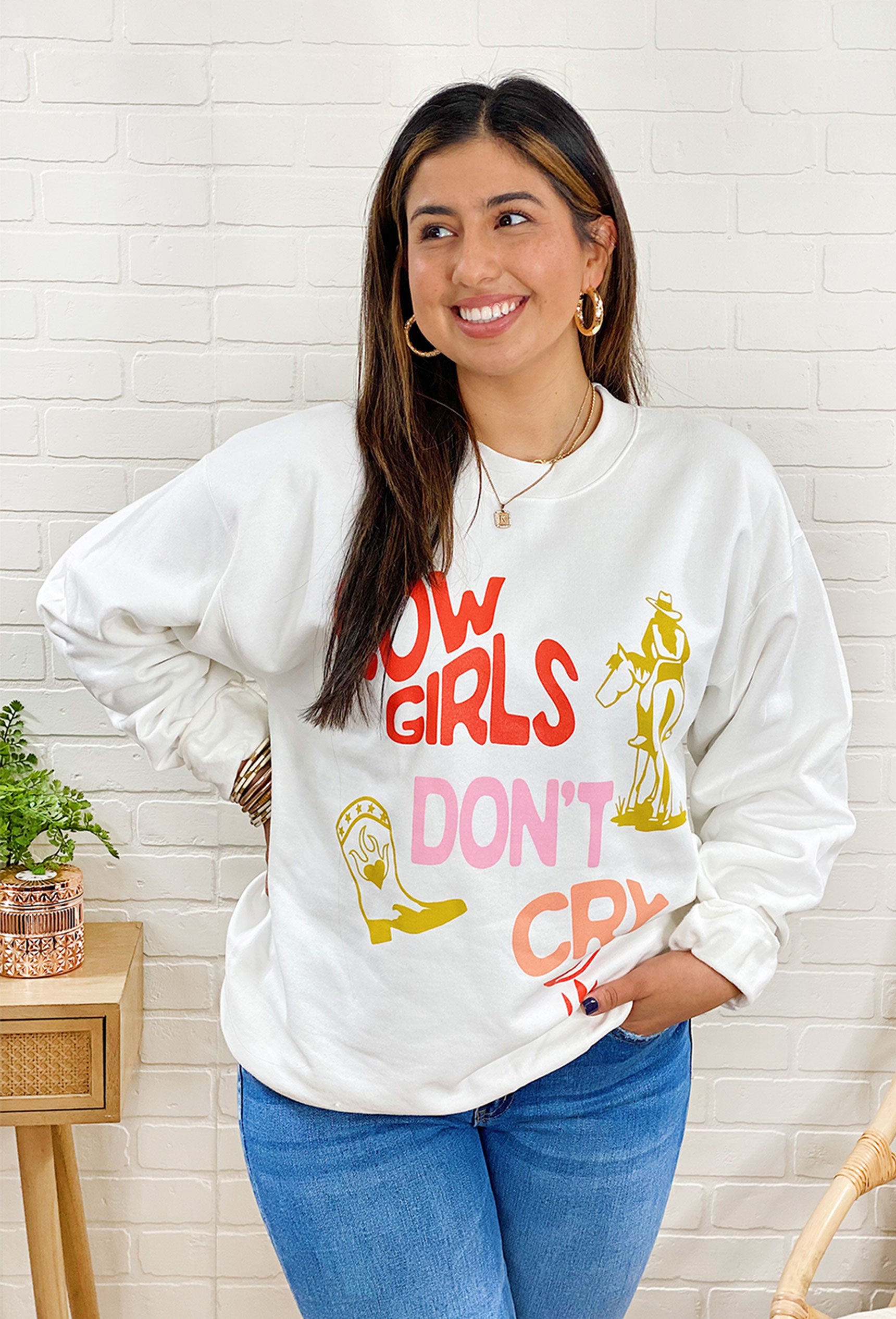 Charlie Southern: Cowgirls Don't Cry Sweatshirt, white sweatshirt with "cow girls don't cry" vinyl and horse graphic