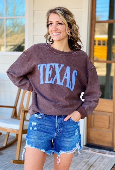 Charlie Southern: Texas Corded Sweatshirt in Mocha, brown corded sweatshirt with Texas in purple on front