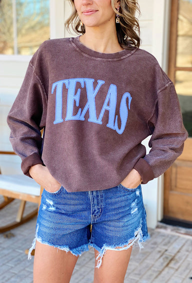 Charlie Southern: Texas Corded Sweatshirt in Mocha, brown corded sweatshirt with Texas in purple on front