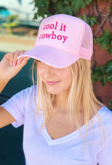 Charlie Southern: Cool It Cowboy Trucker Hat, pink hat with pink mesh and "cool it cowboy" in red embroidery across front of hat