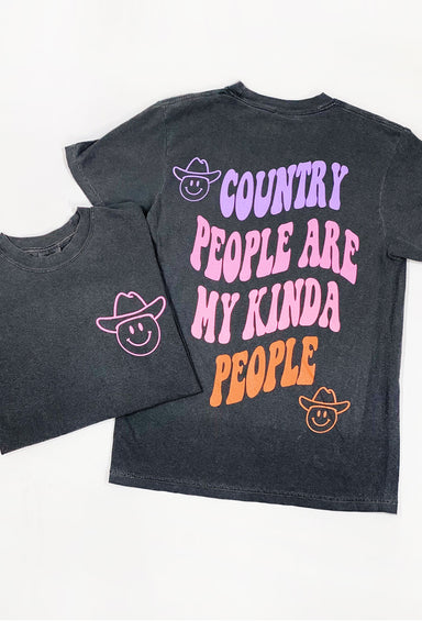 Charlie Southern: Country People Tee, charcoal colored tee, "country people are my kind of people" written on the back, smiley face wearing a cowboy hat on the front and on the back