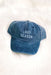Charlie Southern Lake Season Hat, blue denim hat with adjustable strap and blue embroidered "lake season" on the front 