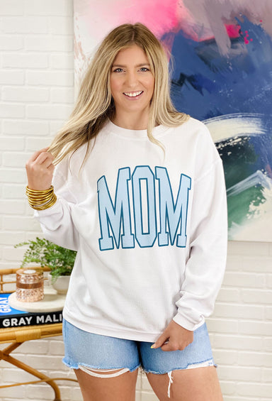 Charlie Southern: Mom Corded Pullover in Blue, white corded pullover, "MOM" written in blue across the front