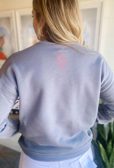 Charlie Southern Texas Pullover, grey pullover, light pink lettering with hot pink outlining saying "Texas" across the front 
