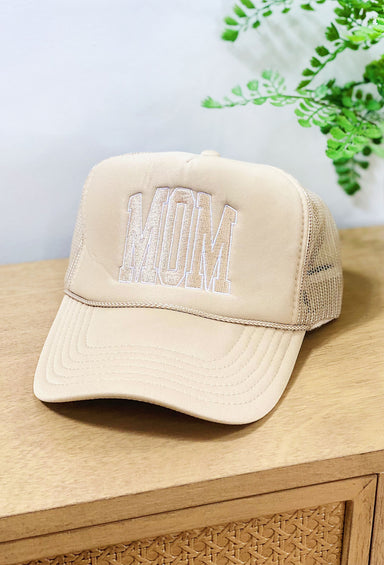 Charlie Southern: Mom Block Tan Trucker Hat, tan trucker hat with "mom" embroidered in tan across front