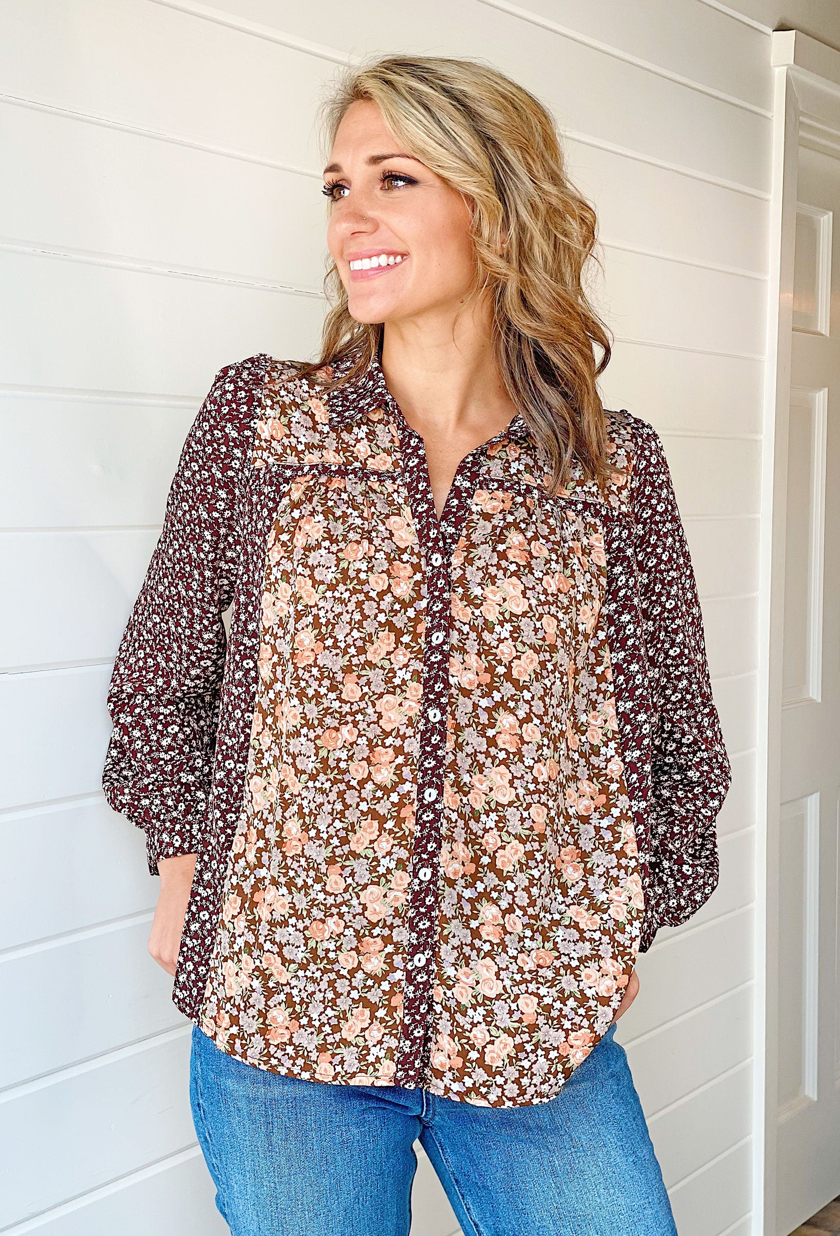 Chasing Dreams Floral Button Up Top, floral button up top, collared neckline, two floral patterns