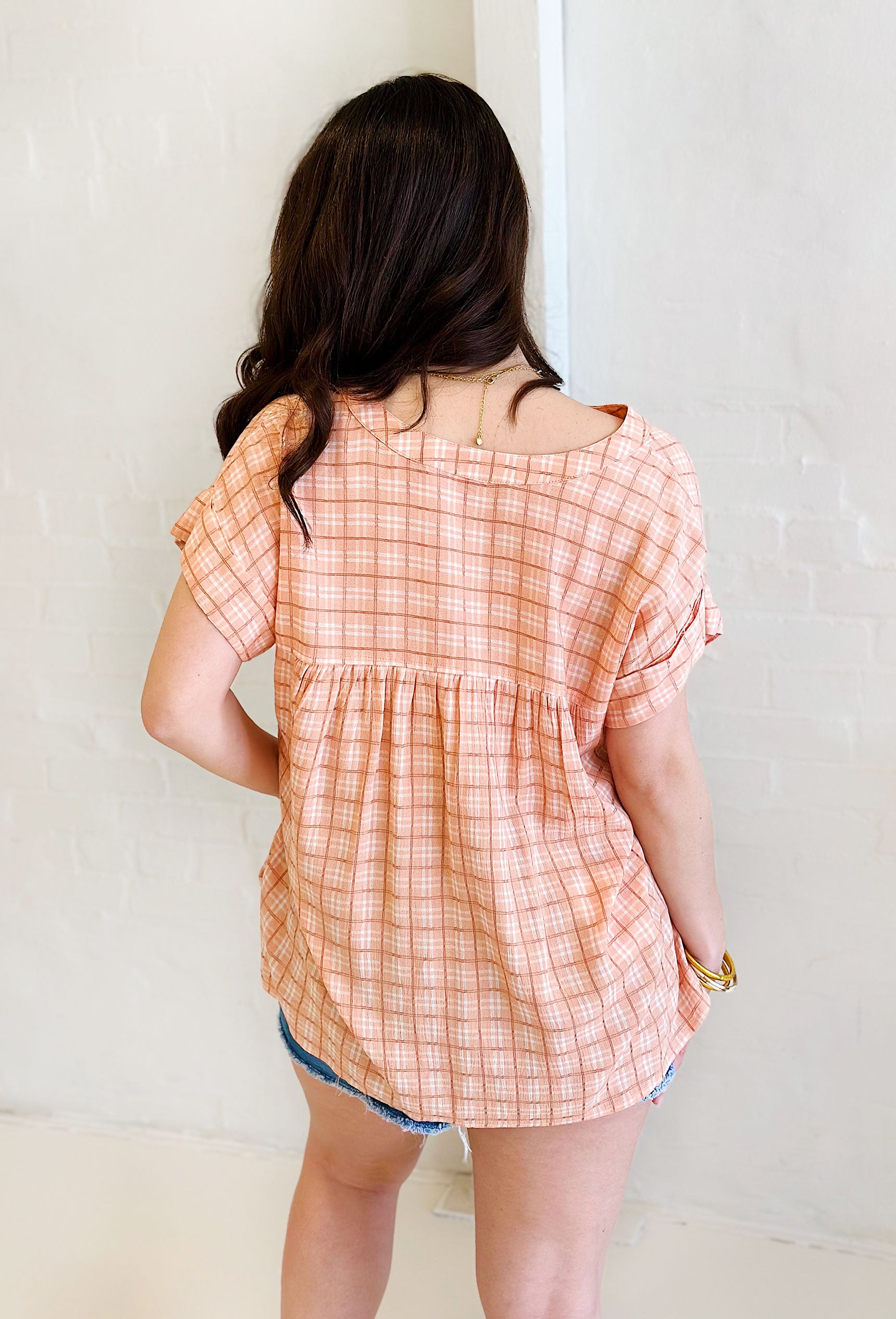Claim to Love top, orange and white plaid short sleeve top