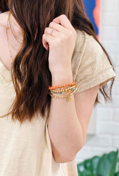 Coral Canyon Beaded Bracelet Set, gold and coral orange beaded bracelet summer set 