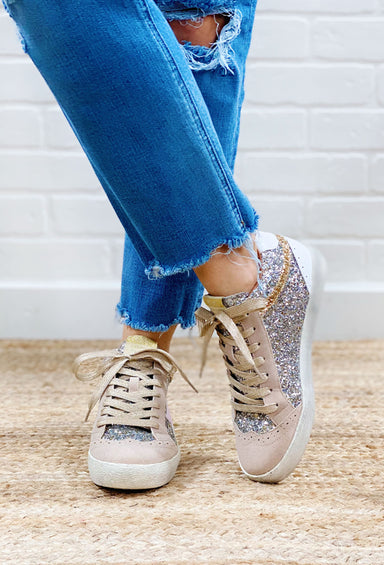 Daisy Star Sequin Sneakers, mid rise sneakers, silver glitter with tan suede and gold glitter detail, pink star on outside of the shoes