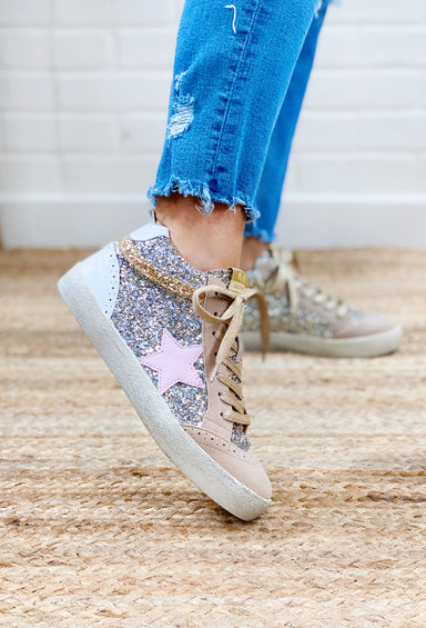 Daisy Star Sequin Sneakers, mid rise sneakers, silver glitter with tan suede and gold glitter detail, pink star on outside of the shoes