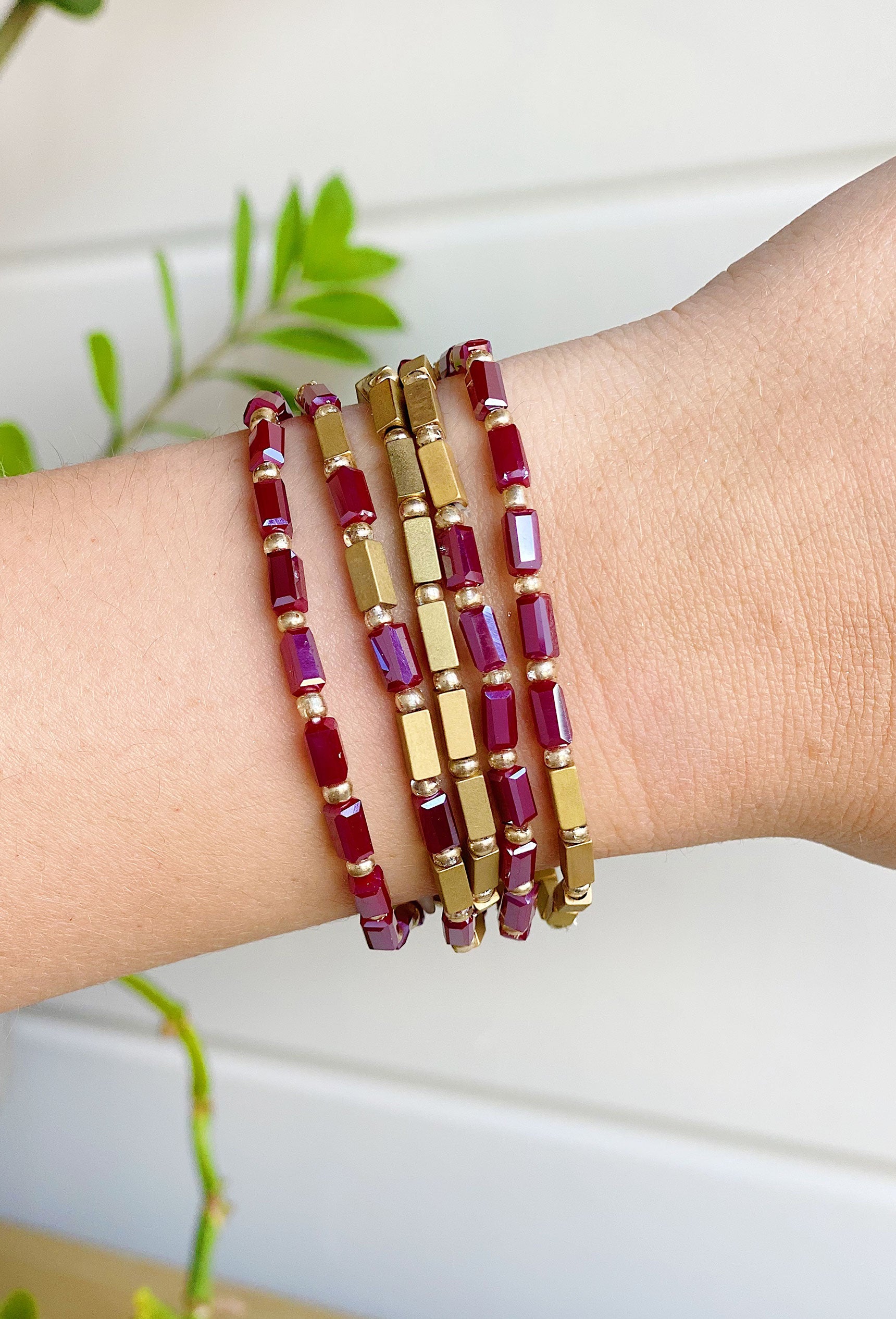 Daphne Beaded Bracelet Set in Burgundy, gold and burgundy beads, set of 5 pull on styling bracelets