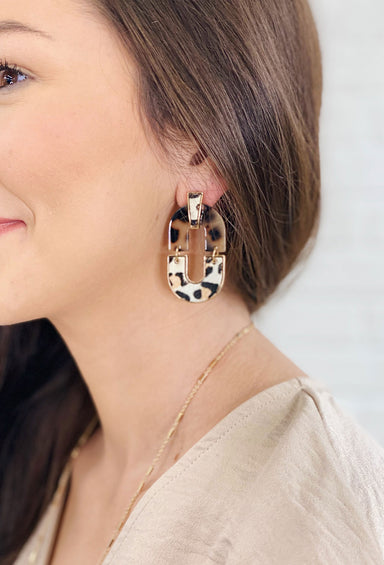 Darla Mixed Media Arch Earrings, neutral colored earring with punches of tortoise and leopard print