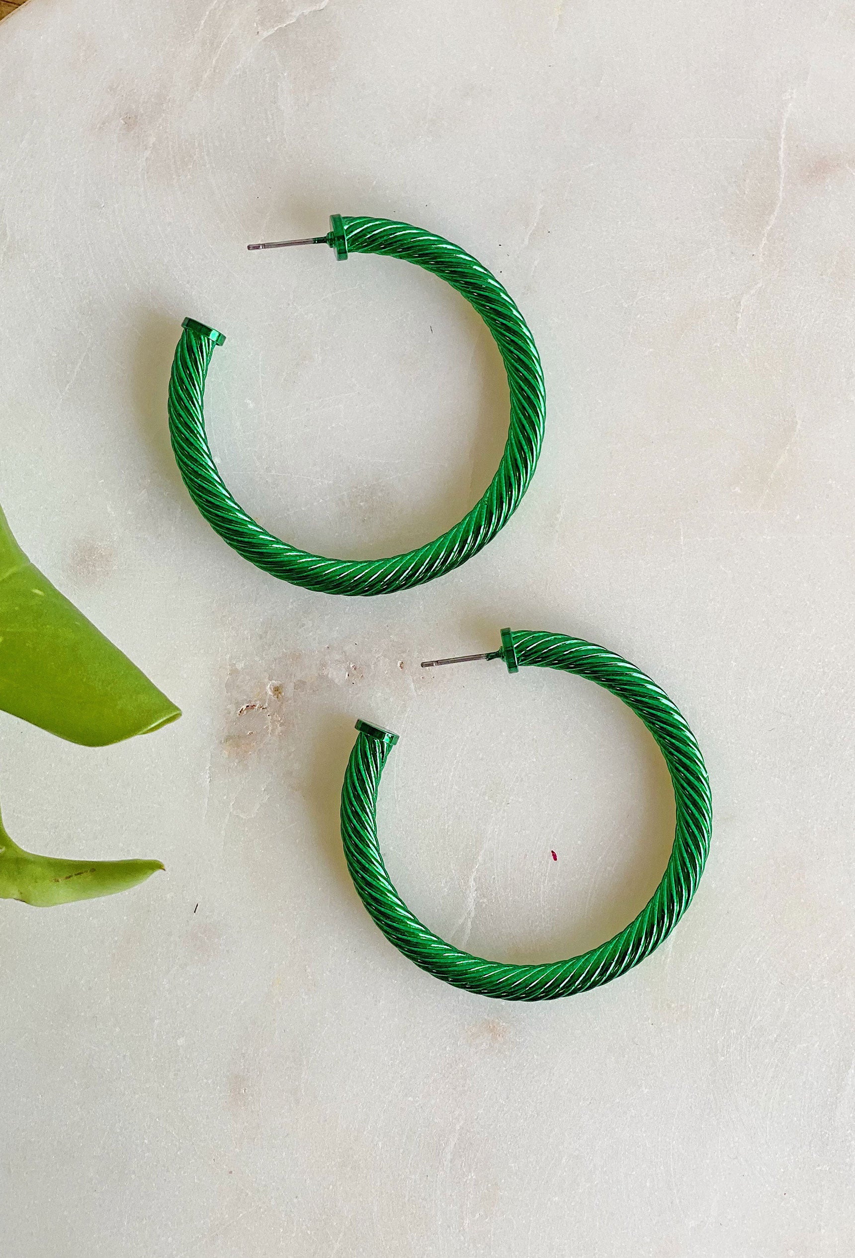Delilah Hoop Earrings in Green, twisted hoop earrings