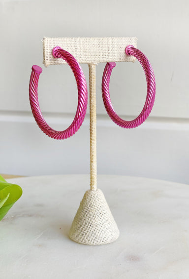 Delilah Hoop Earrings in pink, twisted hoop earrings