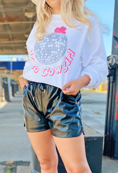 Disco Cowgirl Pullover, white crewneck with 'disco cowgirl" and disco ball printed on front