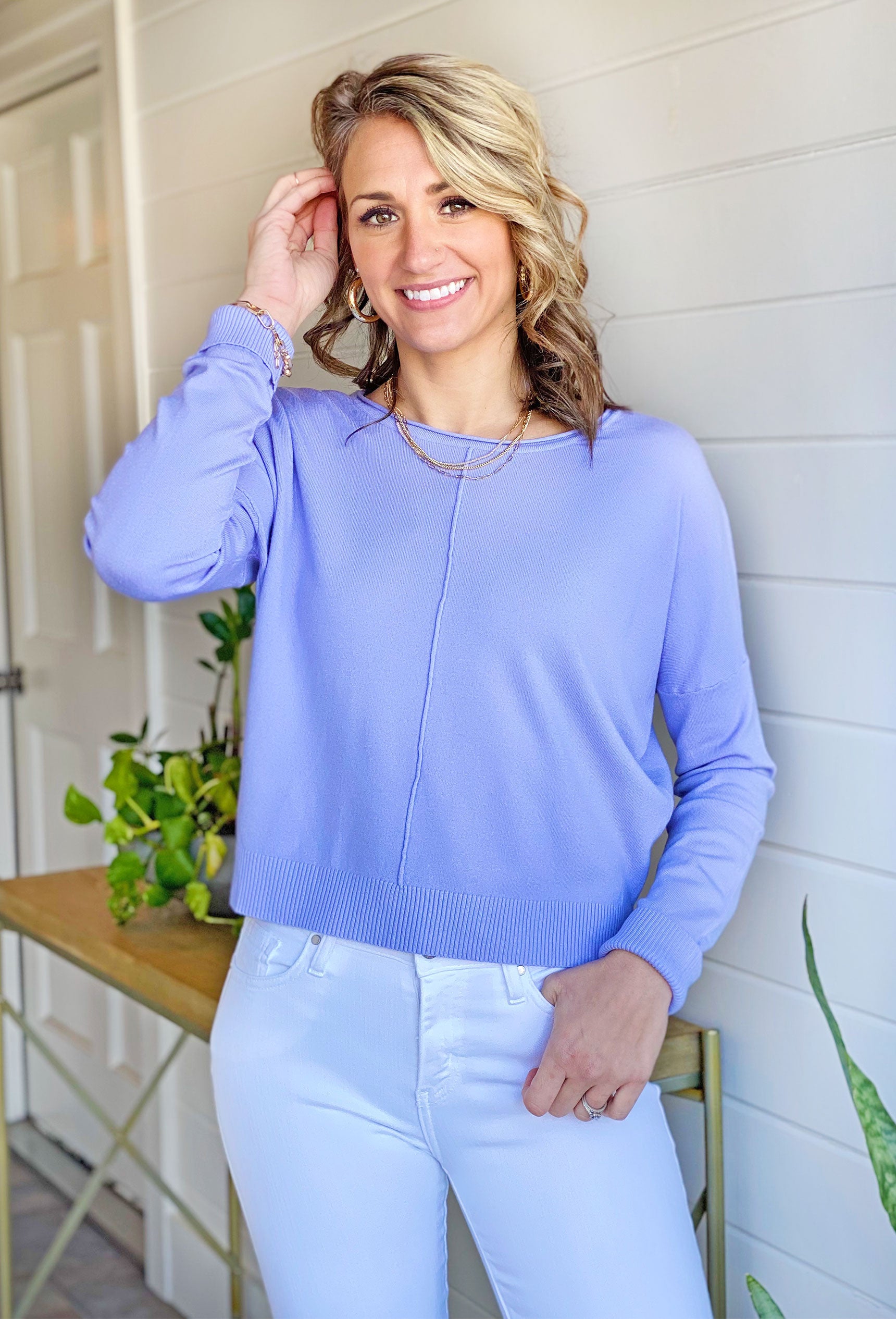 Dreamers Favorite Sweater in Chambray, lavender sweater by dreamers, exposed hem down the middle 