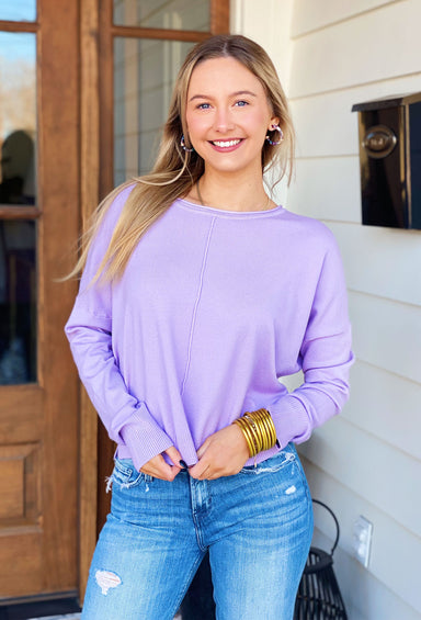 Dreamers Favorite Sweater in Lily, cropped sweater, purple, exposed hem