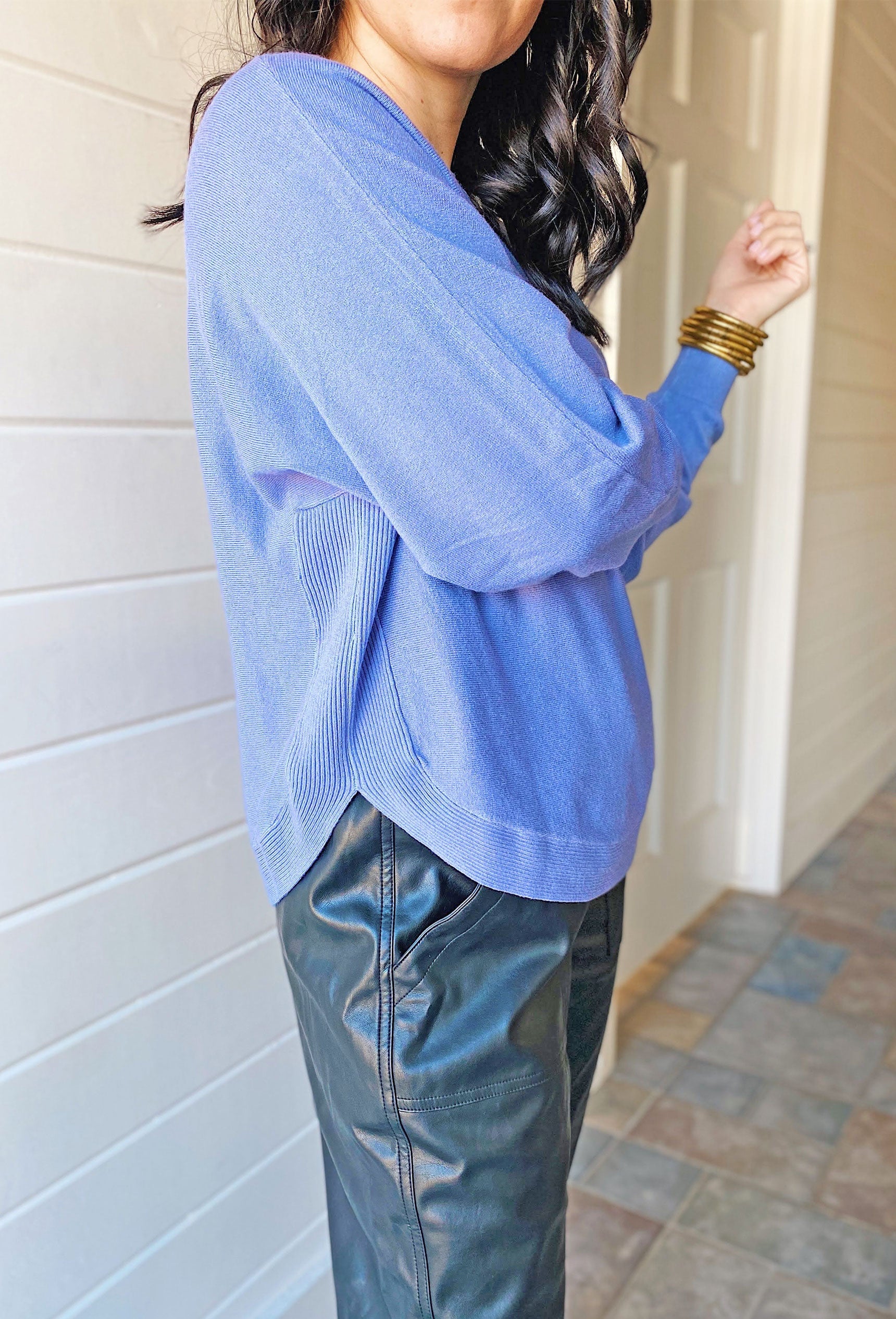 Sara Sweater by Dreamers in Steel Blue, cropped style, scalloped hem 