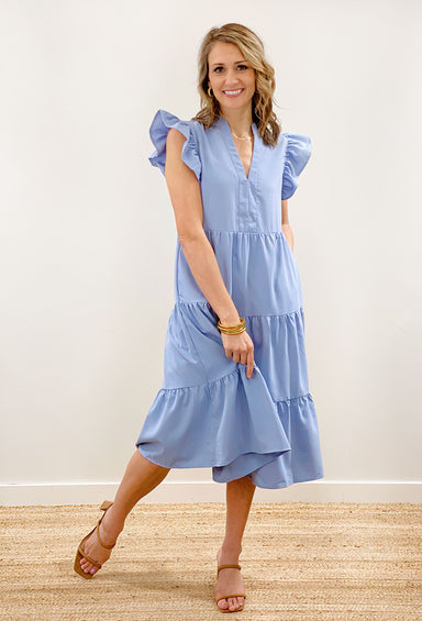 Dreaming of Paris Midi Dress in Blue, blue tiered dress, ruffle on sleeve