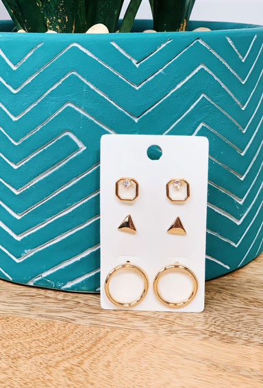 Gold Geometric Earring Set, set of 3 gold geometric shaped earring set 