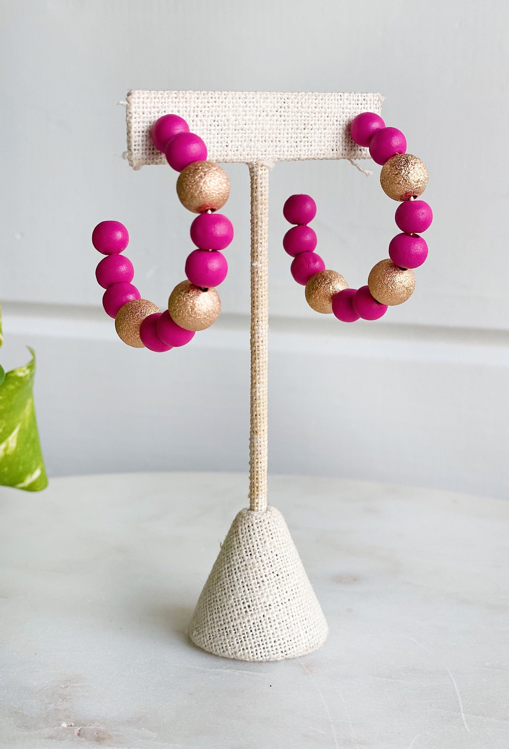 Ella Hoop Earrings in Pink, hoop earrings with pink wooded balls and gold shimmer balls 