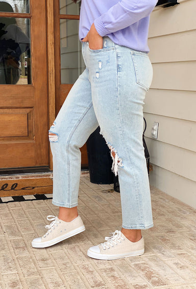 Erika Stretch Mom Jeans by Vervet, high rise mom jeans, distressing at the knees