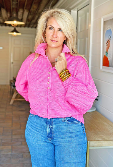 Feeling Sparks Pearl Sweater in Pink, pink knitted sweater, pearl button up, exposed seam 