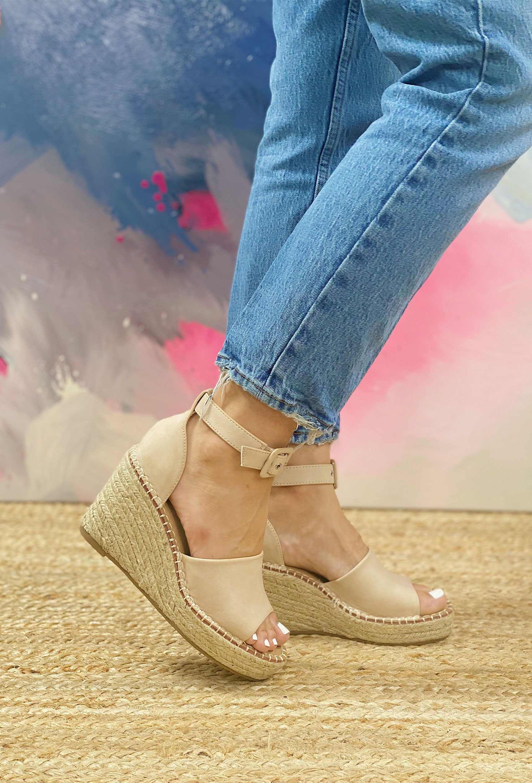 Felix Wedges In Sand, neutral colored, tan straps, espadrille wedge
