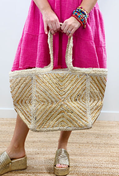 Find Me in the Tropics Tote, tan woven tote with gold detailing